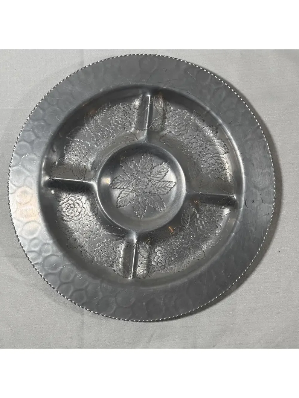 Vintage Divided‎ Silver Tray Aluminum Lehman Hand Forged Flower Leaves Hammered